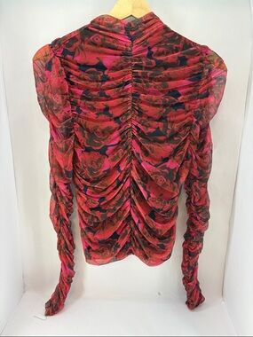 Avec Les Filles Red and Pink Ruched Floral Sheer Long-Sleeve Top